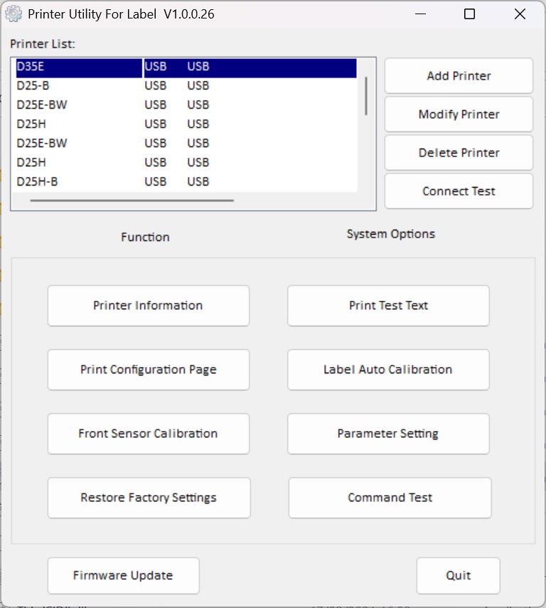 Cửa sổ chính của công cụ thiết lập máy in mã vạch HPRT khổ dưới 80mm