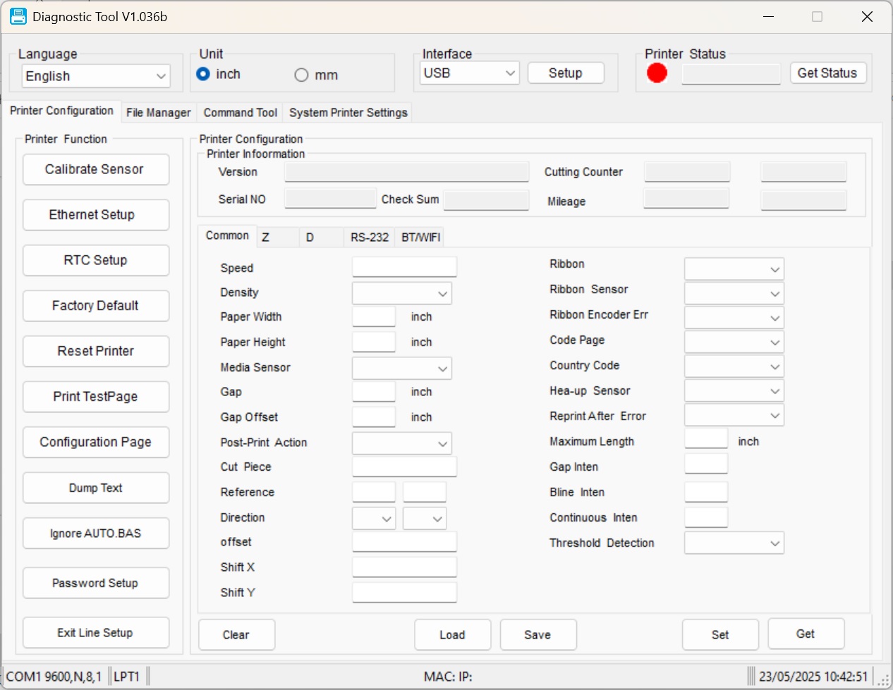 Cửa sổ chính của Công cụ thiết lập Máy in mã vạch Xprinter