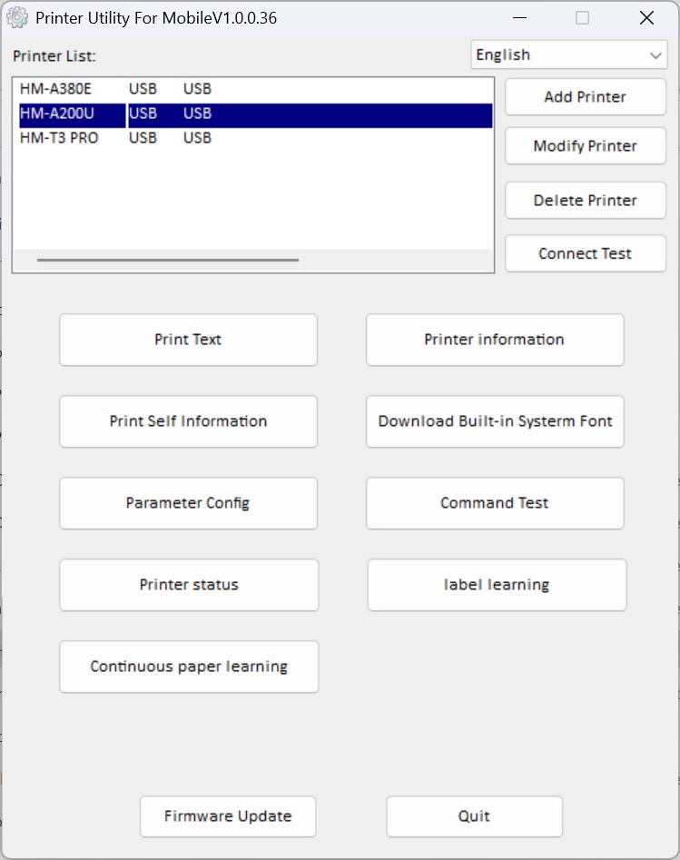 Giao diện chính của Công cụ thiết lập máy in di động