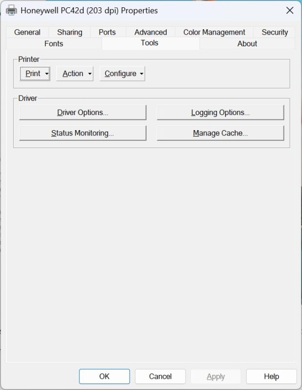 Cửa sổ Printer Properties - Thẻ Tools