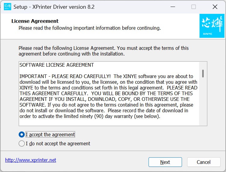 Chấp nhận thỏa thuận Xprinter để cài driver